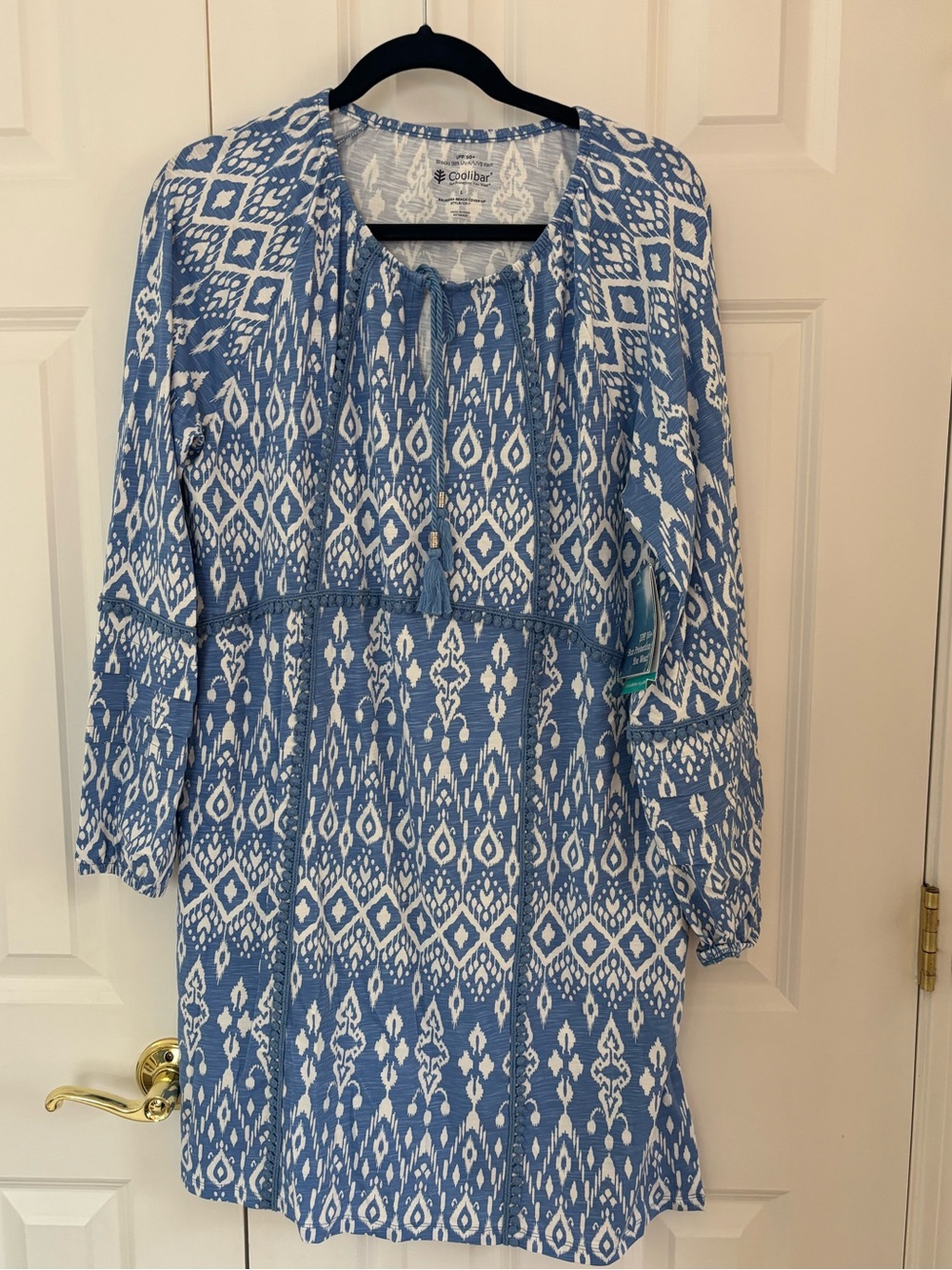 Coolibar Blue and White Long-Sleeve Ikat Tunic Dress